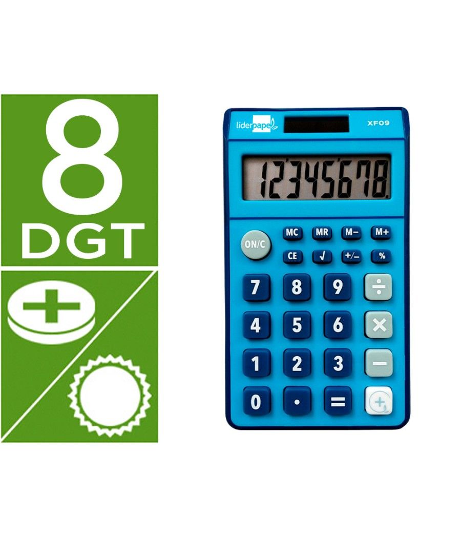Calculadora liderpapel bolsillo xf09 8 dígitos solar y pilas color azul 115x65x8 mm - Imagen 1