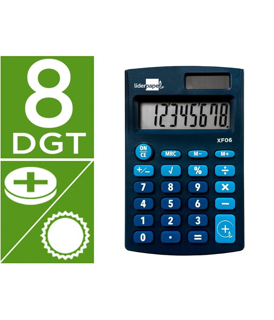 Calculadora liderpapel bolsillo xf06 8 dígitos solar y pilas color azul 98x62x8 mm - Imagen 1