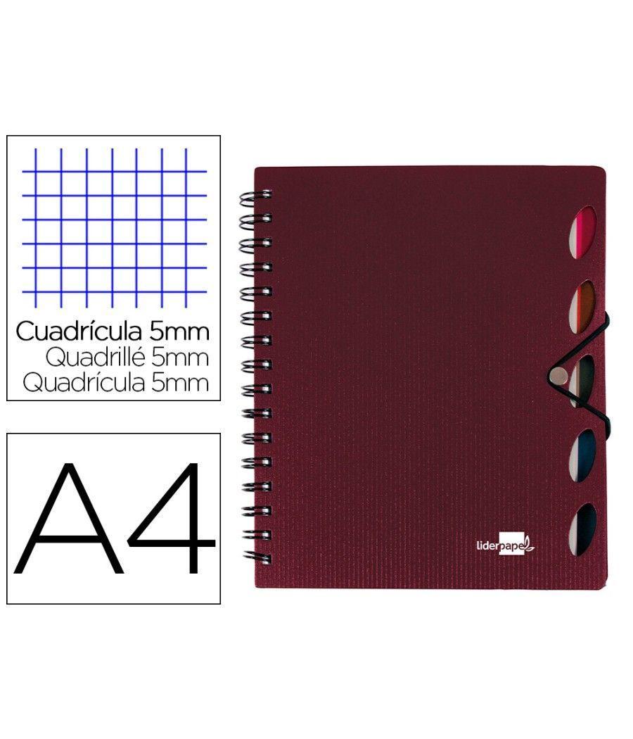 Cuaderno espiral liderpapel a4 micro executive tapa plástico 100h 80 gr cuadro 5mm 5 separadores con gomilla burdeos - Imagen 1