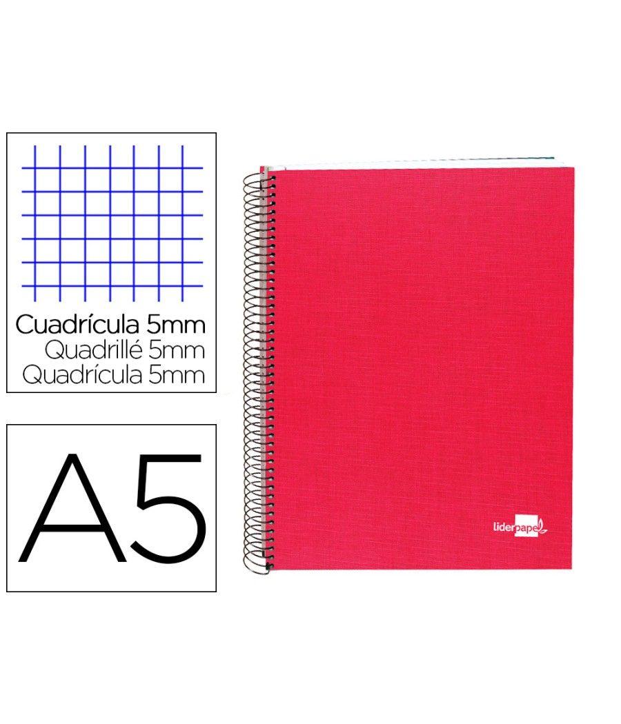 Cuaderno espiral liderpapel a5 micro papercoat tapa forrada 140h 75 gr cuadro5mm 5 bandas 6 taladros rojo - Imagen 1