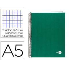 Cuaderno espiral liderpapel a5 micro papercoat tapa forrada 140h 75 gr cuadro5mm 5 bandas 6 taladros verde - Imagen 1