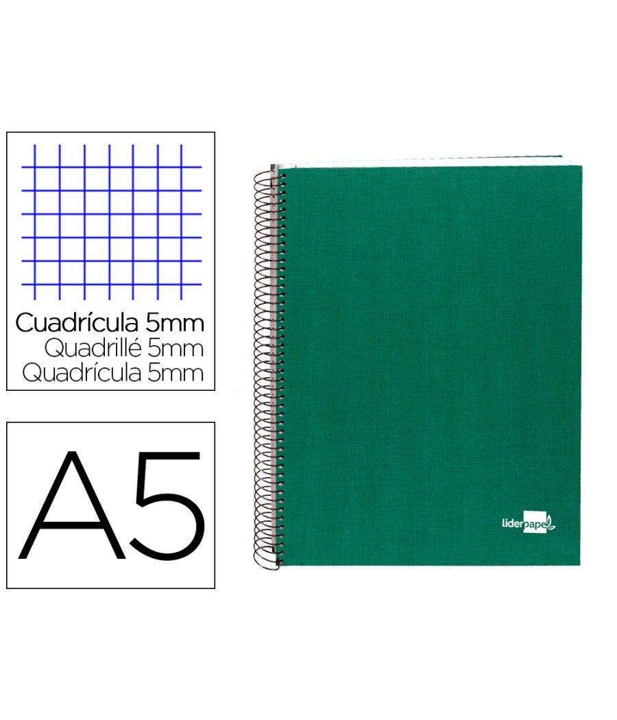 Cuaderno espiral liderpapel a5 micro papercoat tapa forrada 140h 75 gr cuadro5mm 5 bandas 6 taladros verde - Imagen 1