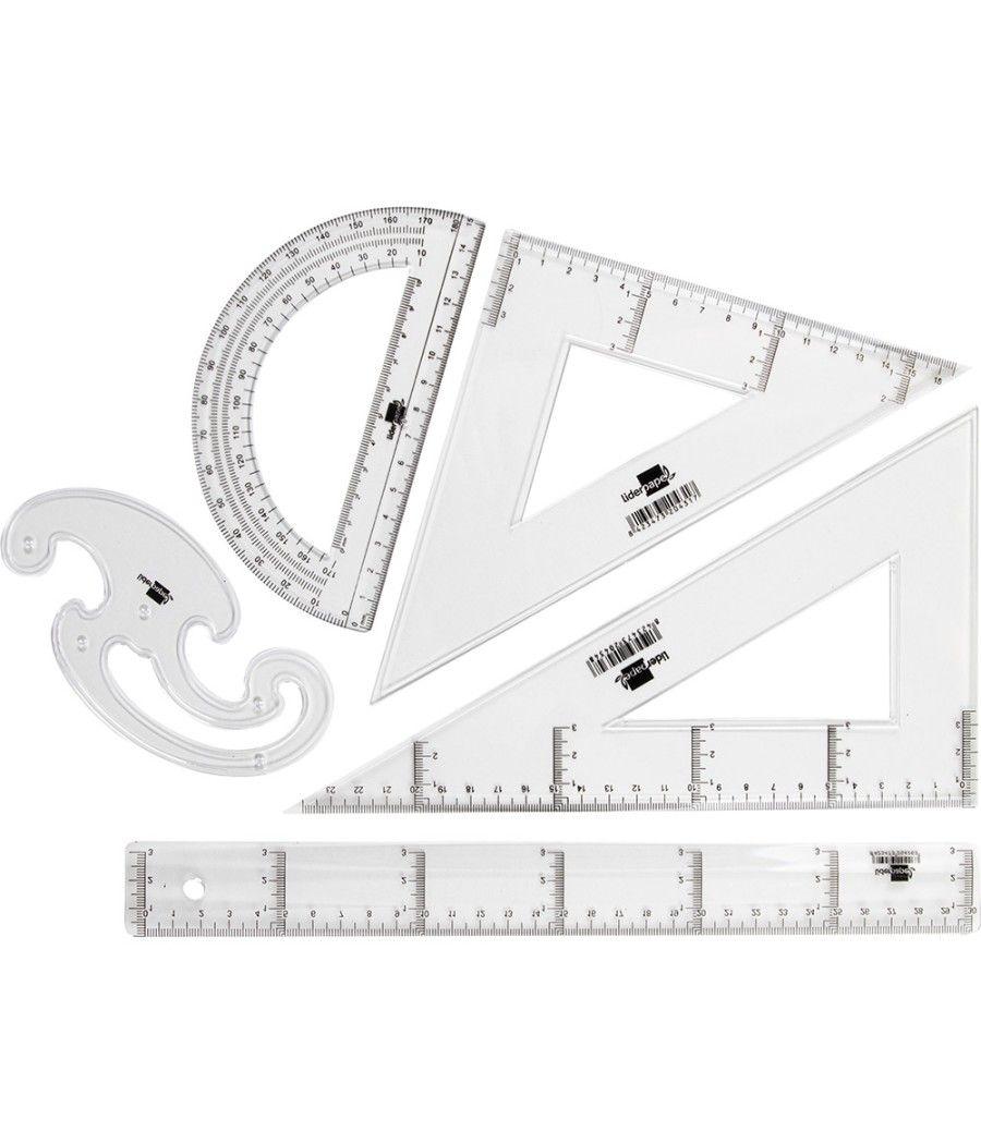 Juego escuadra y cartabón 25cm regla 30cm semicirculo 15cm y plantilla de curvas liderpapelen petaca opaca color verde - Imagen 