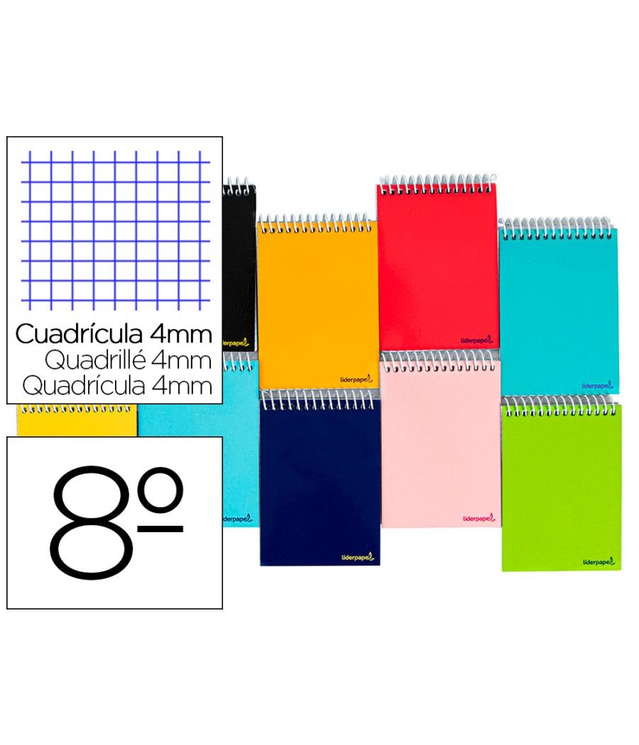 Cuaderno espiral liderpapel bolsillo octavo apaisado smart tapa blanda 80h 60gr cuadro 4mm colores surtidos - Imagen 2