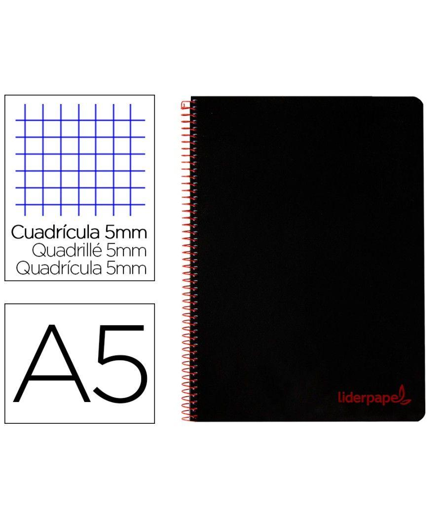 Cuaderno espiral liderpapel a5 micro wonder tapa plástico 120h 90g cuadro 5mm 5 bandas 6 taladros color negro - Imagen 2