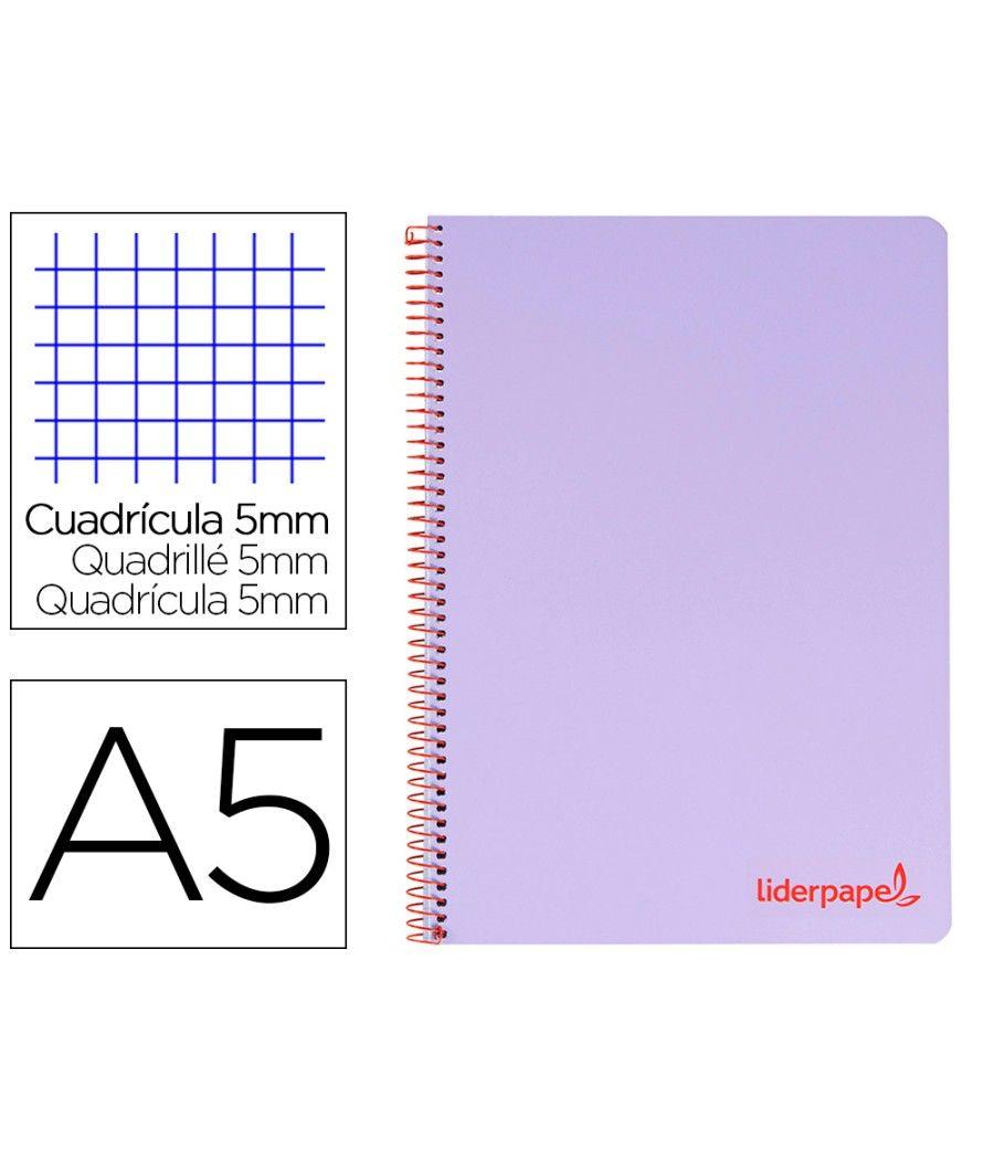 Cuaderno espiral liderpapel a5 micro wonder tapa plástico 120h 90g cuadro 5mm 5 bandas 6 taladros color violeta - Imagen 2