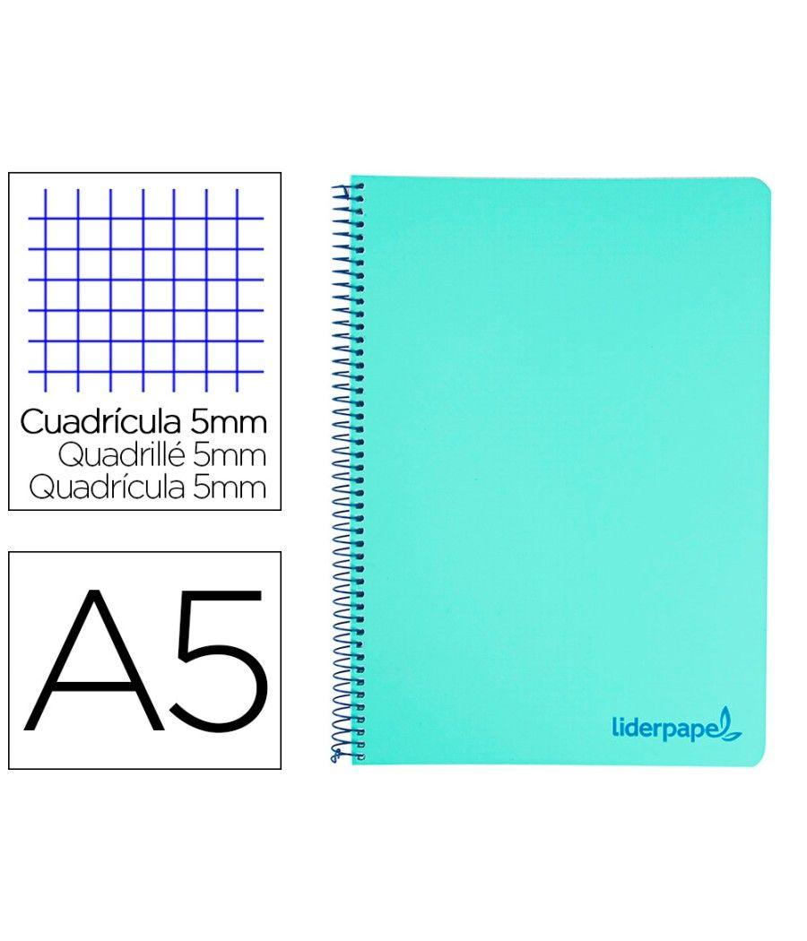 Cuaderno espiral liderpapel a5 micro wonder tapa plástico 120h 90g cuadro 5mm 5 bandas 6 taladros color verde - Imagen 2