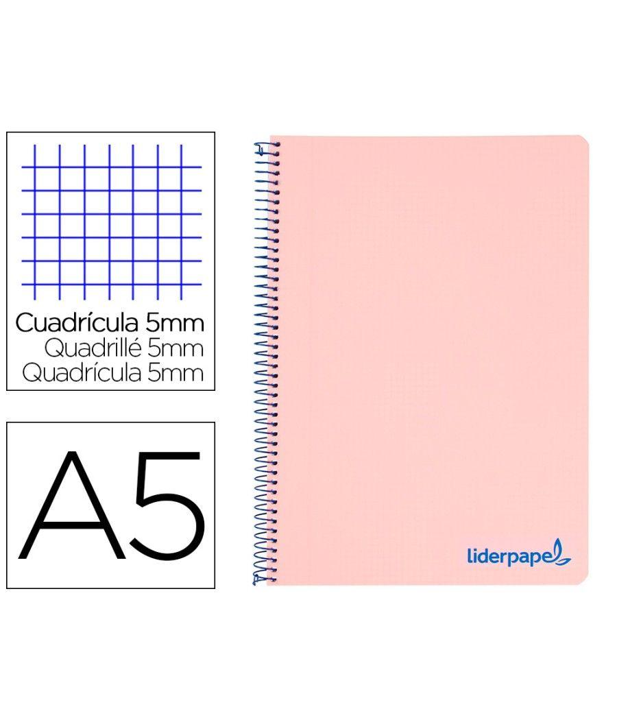 Cuaderno espiral liderpapel a5 micro wonder tapa plástico 120h 90g cuadro 5mm 5 bandas 6 taladros color rosa - Imagen 2