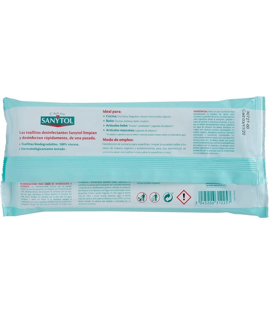 Toallita desinfectante sanytol biodegradable paquete de 30 unidades - Imagen 3