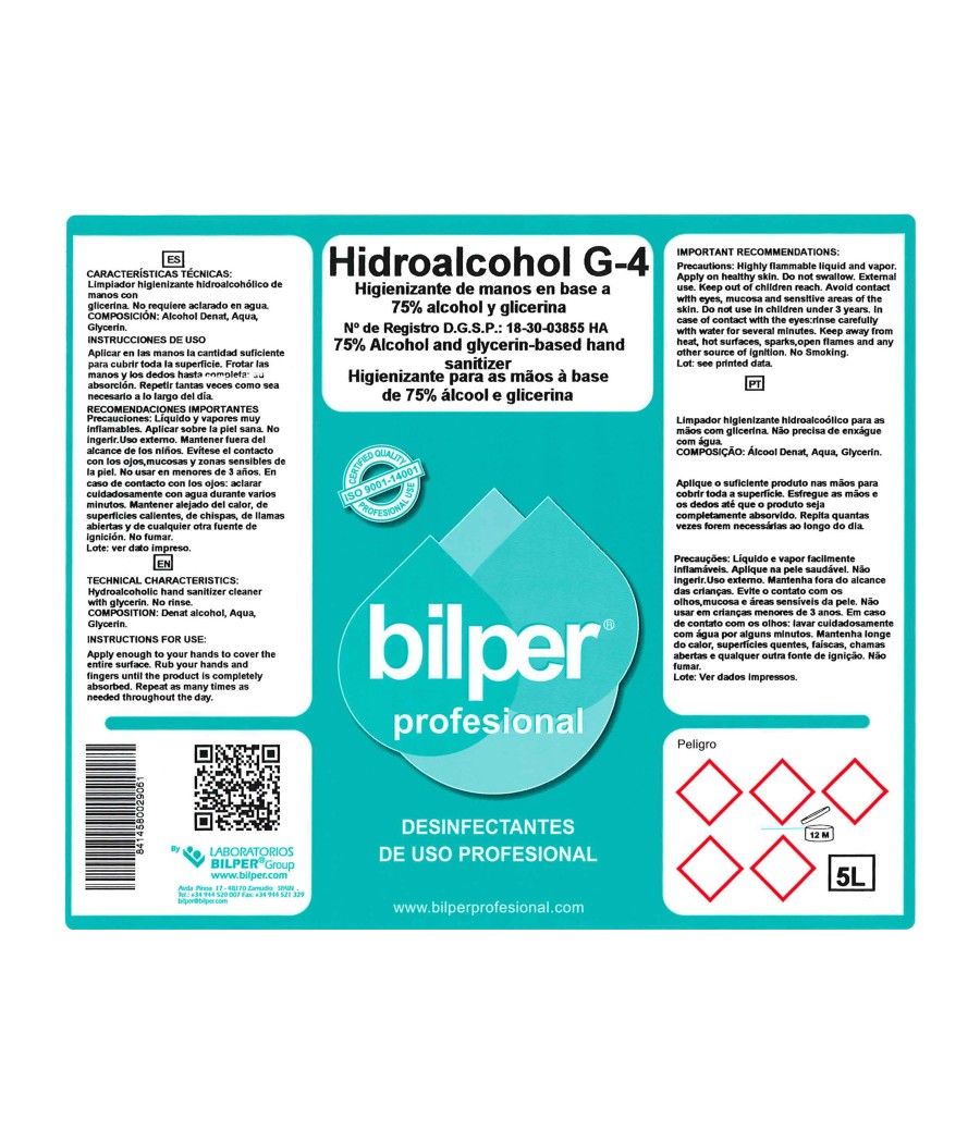 Gel hidroalcoholico higienizante bacterigel g5 virucida bactericida fungiciday levuricida garrafa 5 litros - Imagen 2