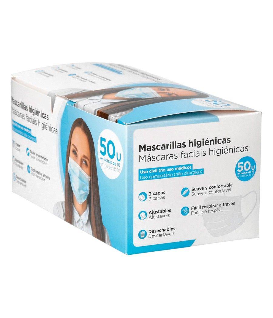Mascarilla facial higienica desechable 3 capas con ajuste nasal filtracion 95% color azul pack 50 unidades - Imagen 3