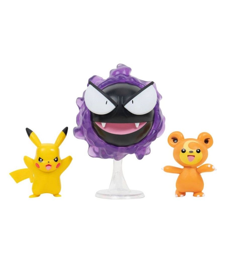 Pack de 3 figuras jazwares pokemon batalla teddiursa pikachu y gastly - Imagen 1