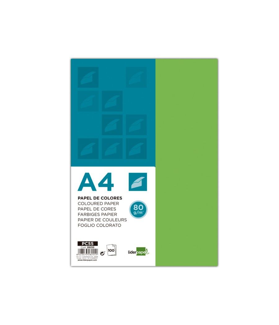 Papel color liderpapel a4 80g/m2 verde paquete de 100 - Imagen 2
