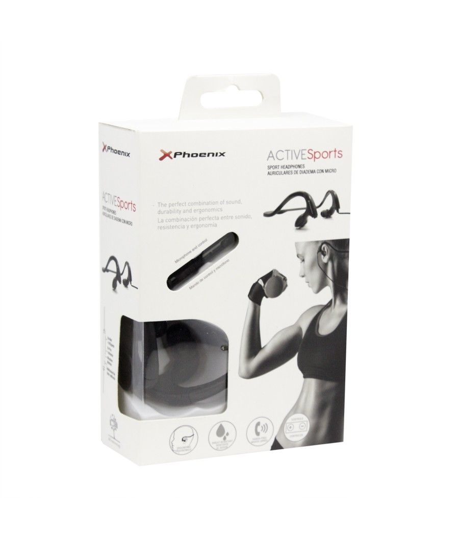 Auriculares de diadema con cable - microfono - control de volumen phoenix phactivesports - ergonomicos - resistentes al agua y a