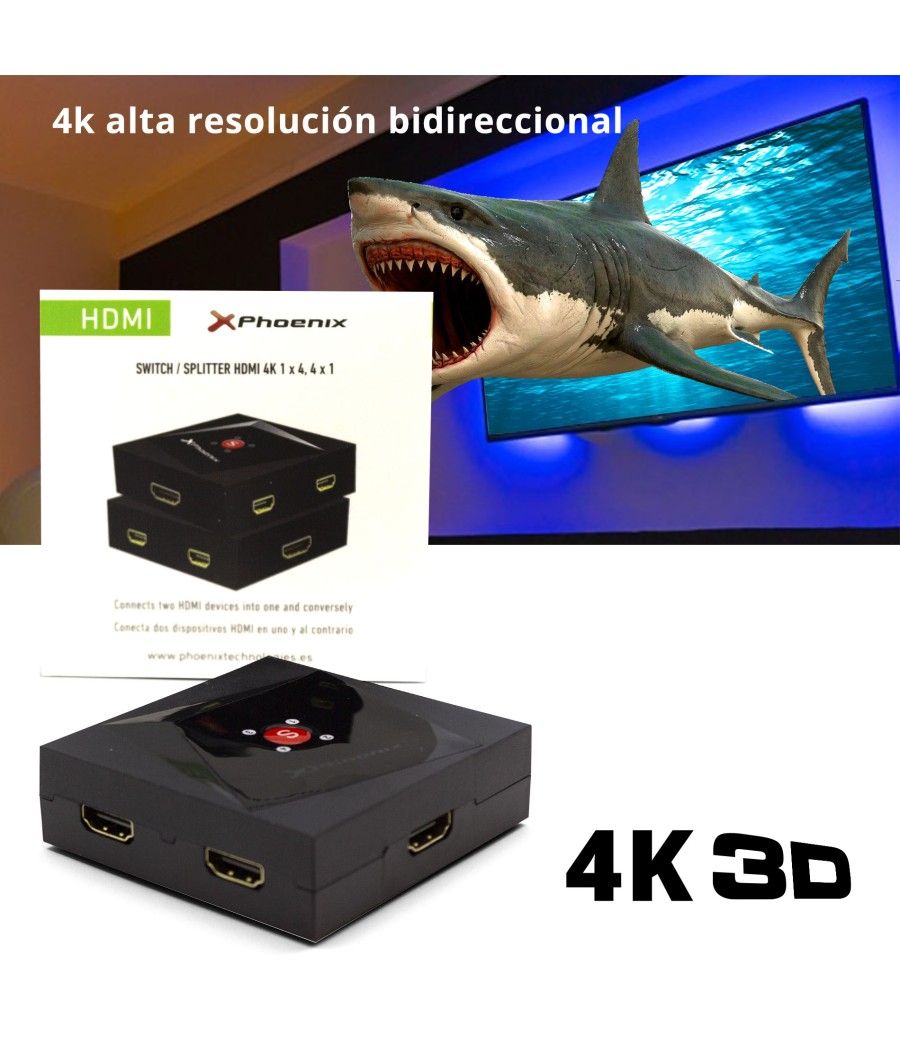 Adaptador monitor - tv phoenix splitter - switch bidireccional hdmi 4k - 4 x 1 - 1 x 4 - Imagen 5