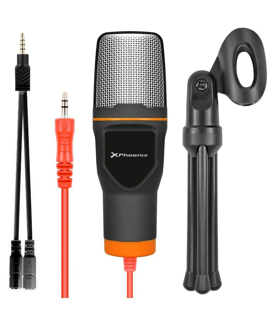 Microfono multimedia phoenix phpodcaststudio jack 3.5mm para ordenador portatil - pc - tablet - smartphone - incluye tripode rec