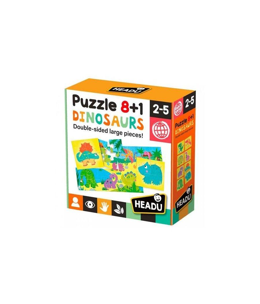 Headu puzzle 8+1 dinosaurios grandes piezas doble cara 2-5 aÑos - Imagen 1