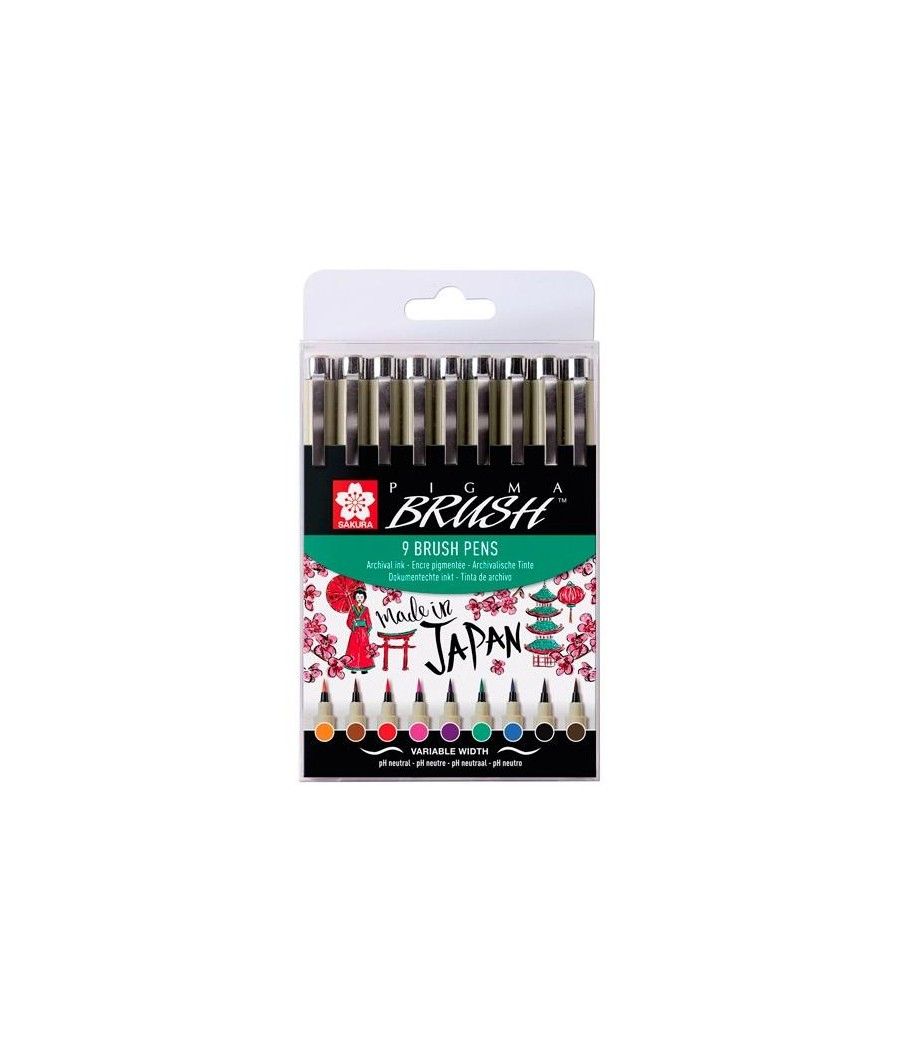 Talens sakura estuche 9 rotuladores punta pincel pigma brush pens colores surtidos - Imagen 1