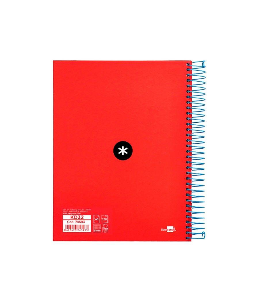 Cuaderno espiral liderpapel a5 micro antartik tapa forrada 120h 100 gr cuadro5mm 5 bandas 6 taladros color rojo - Imagen 3