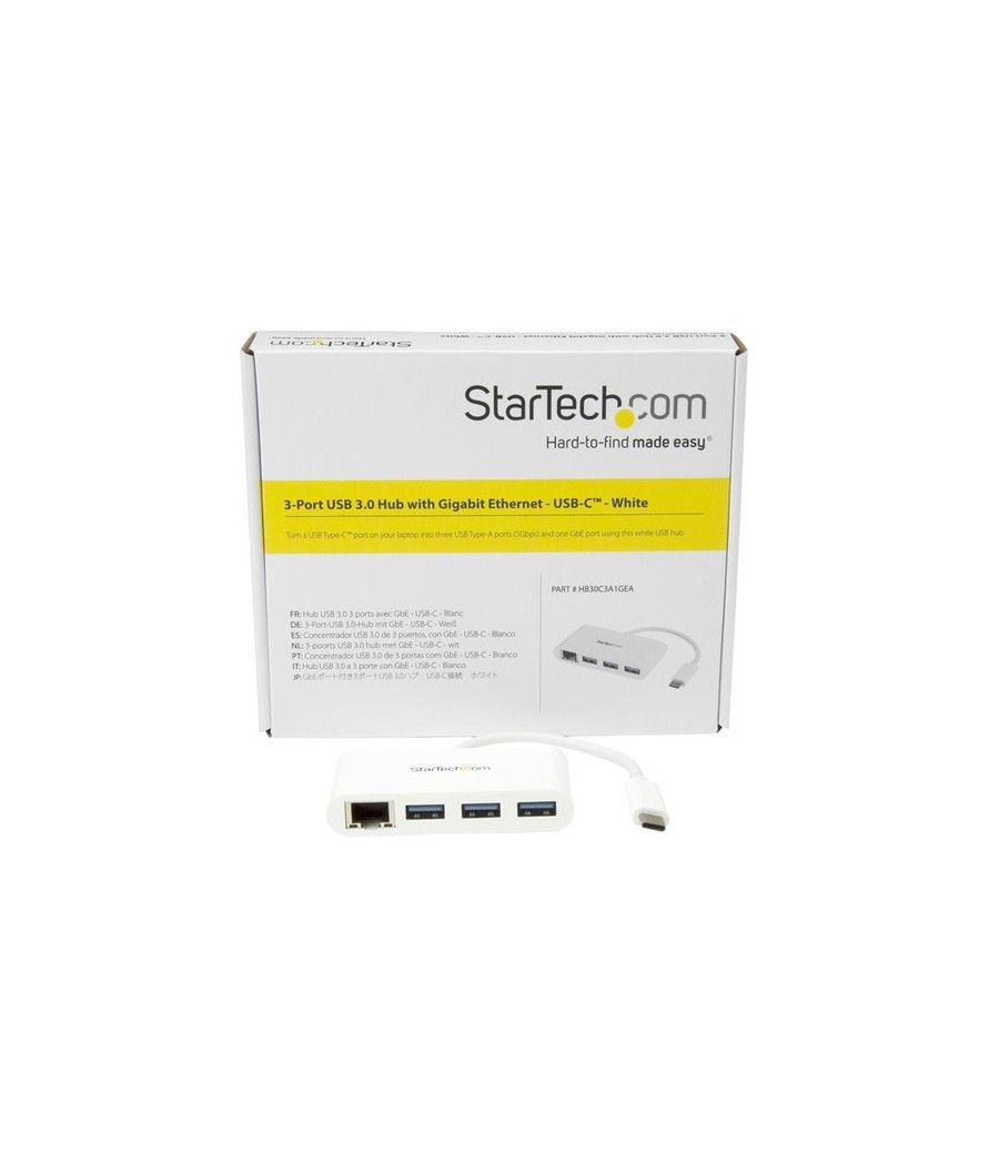 StarTech.com Concentrador USB 3.0 de 3 Puertos con USB-C y Ethernet Gigabit - Hub Ladrón de USB Convencional - Blanco - Imagen 4
