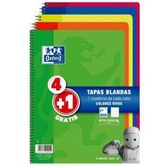 Oxford cuaderno espiral 80 hojas 4x4 con margen tapas blandas folio colores vivos -pack 4+1- - Imagen 1