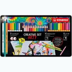 Stabilo creative set arty (12 point 88, 8 colores de pen 68 brusht y 16 colores de aquacolor) colores surtidos en caja de metal 