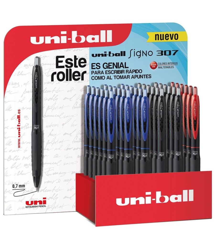 Uniball expositor rollerball signo 307/3d retrÁctil rojo-negro-azul -36u-