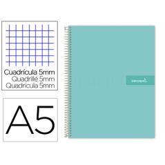 Cuaderno espiral liderpapel a5 micro crafty tapa forrada 120h 90 gr cuadro 5mm 5 bandas6 taladros color turquesa - Imagen 1