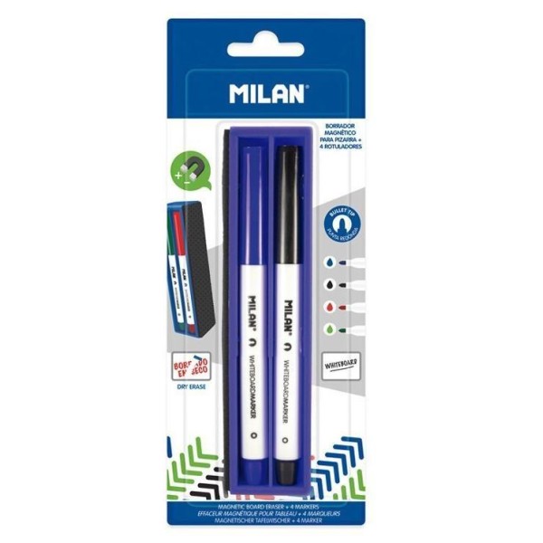 Milan borrador magnÉtico para pizarra blanca + 4 rotuladores blister colores - Imagen 1