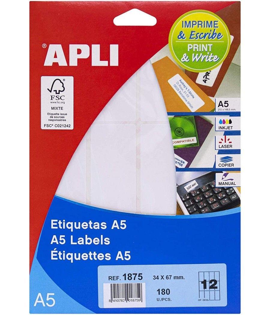 Apli pack 15 hojas etiquetas 34x67mm manual/impresiÓn cantos romos blanco - Imagen 1