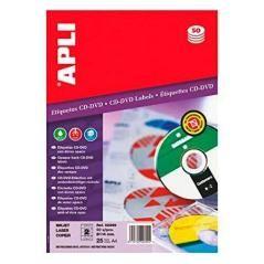Apli etiquetas adhesivas para cd-dvd tamaño clásico inkjet/láser 2 x 25h dorso opaco