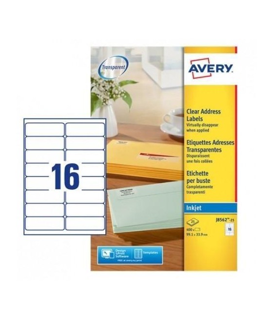 Avery etiquetas adhesivas para sobres 99,1x33,9mm inkjet c/romos 16 x 25h transparente
