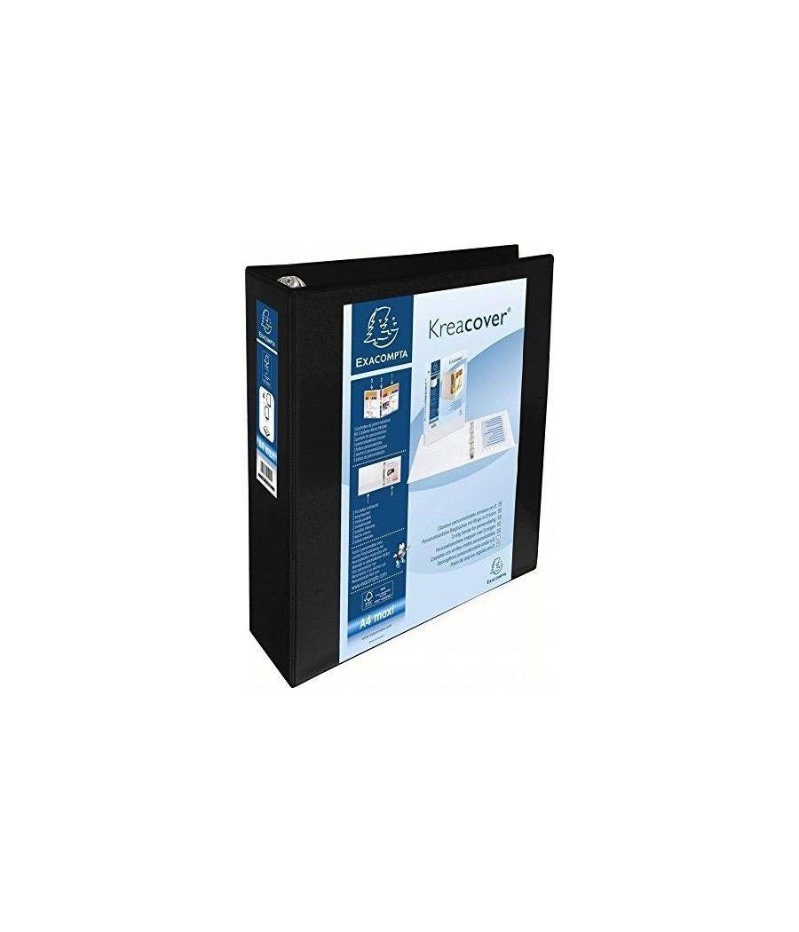 Exacompta carpeta 4 anillas mixtas 60mm kreacover forrada pp a4+ personalizable 3 bolsos exteriores negro - Imagen 1