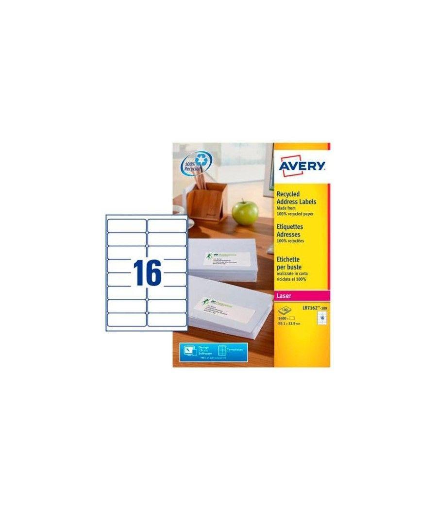 Avery pack 100 hojas x16 etiquetas 99,1x33,9mm para envÍos inkjet/lÁser 100% reciclado blanco