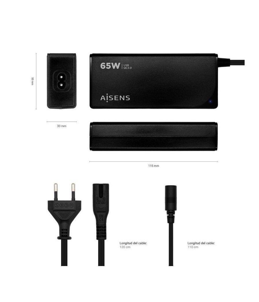 Cargador de portátil aisens aslc-65wauto-bk/ 65w/ automático/ 9 conectores/ voltaje 18.5-20v/ 1 usb qc3.0