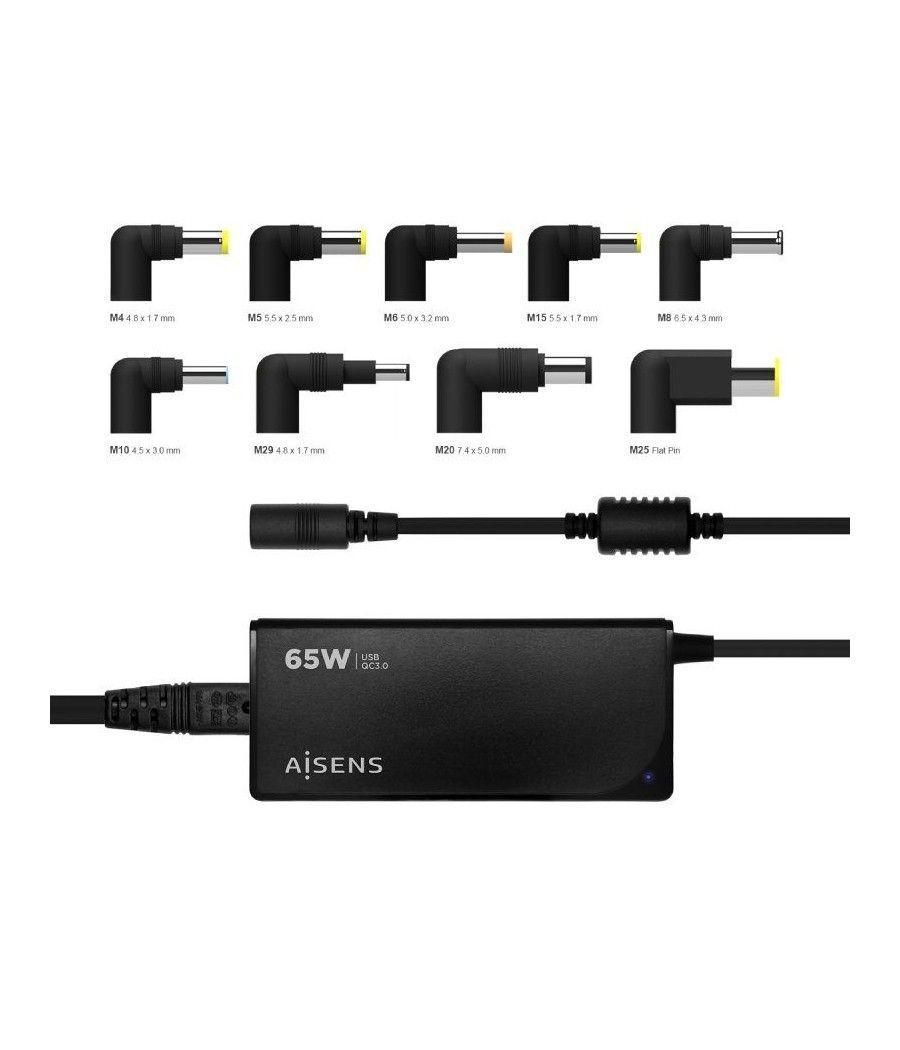 Cargador de portátil aisens aslc-65wauto-bk/ 65w/ automático/ 9 conectores/ voltaje 18.5-20v/ 1 usb qc3.0