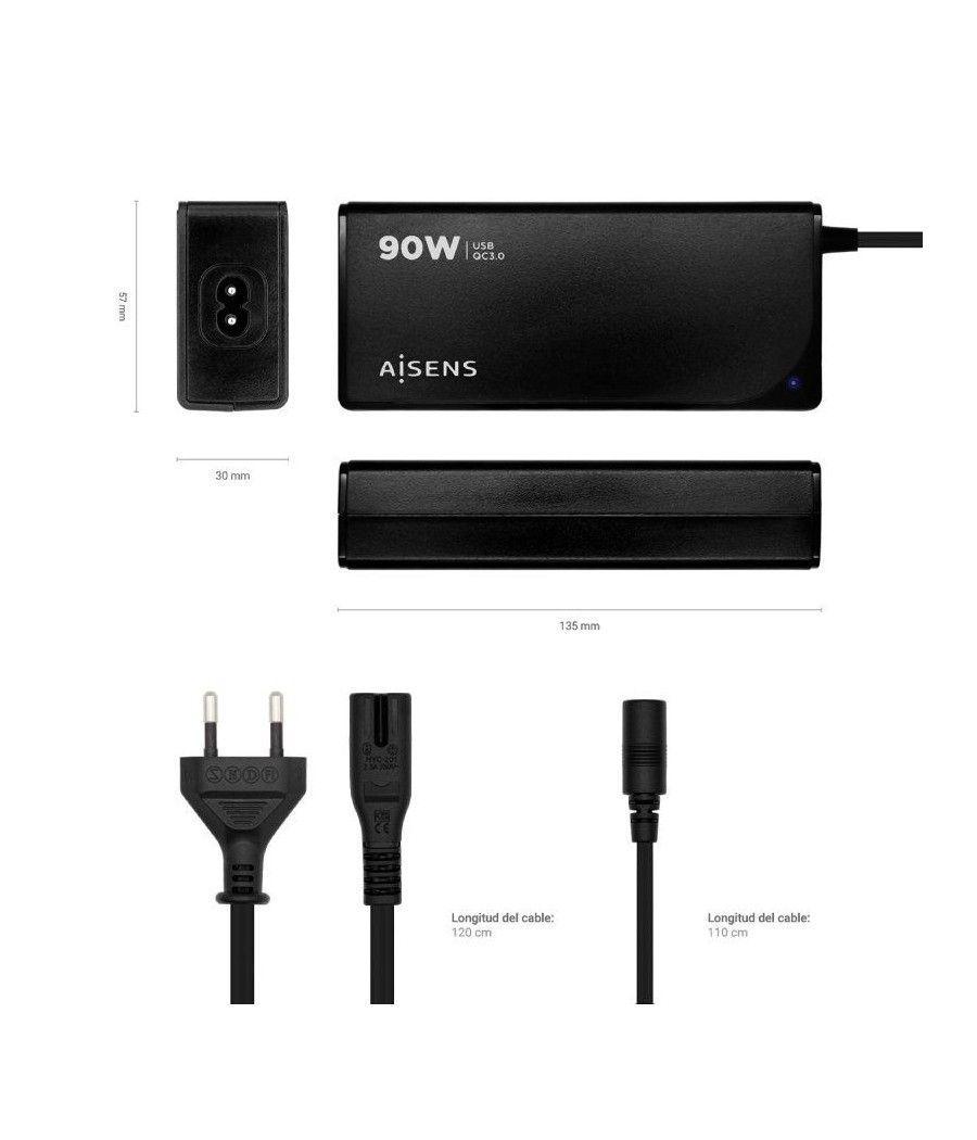 Cargador de portátil aisens aslc-90wauto-bk/ 90w/ automático/ 12 conectores/ voltaje 15-20v/ 1 usb qc3.0