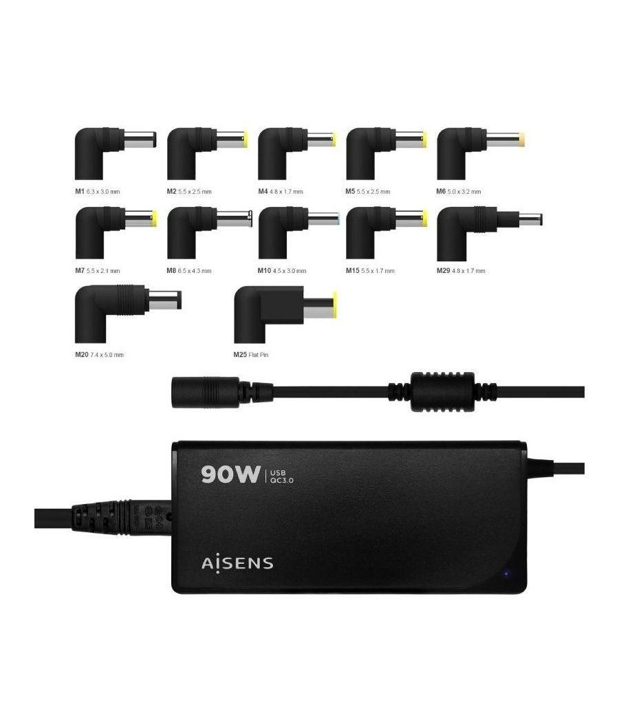 Cargador de portátil aisens aslc-90wauto-bk/ 90w/ automático/ 12 conectores/ voltaje 15-20v/ 1 usb qc3.0