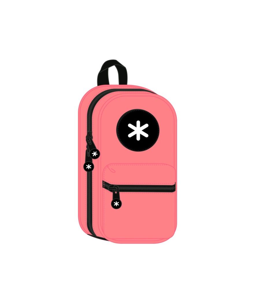Bolso escolar portatodo antartik forma de mochila con bolsillo y 4 departamentos color coral 230x50x120 mm
