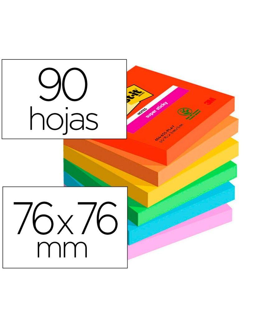 Bloc de notas adhesivas quita y pon post-it super sticky playful 76x76 mm 90 hojas 100% pefc pack de 6 unidades