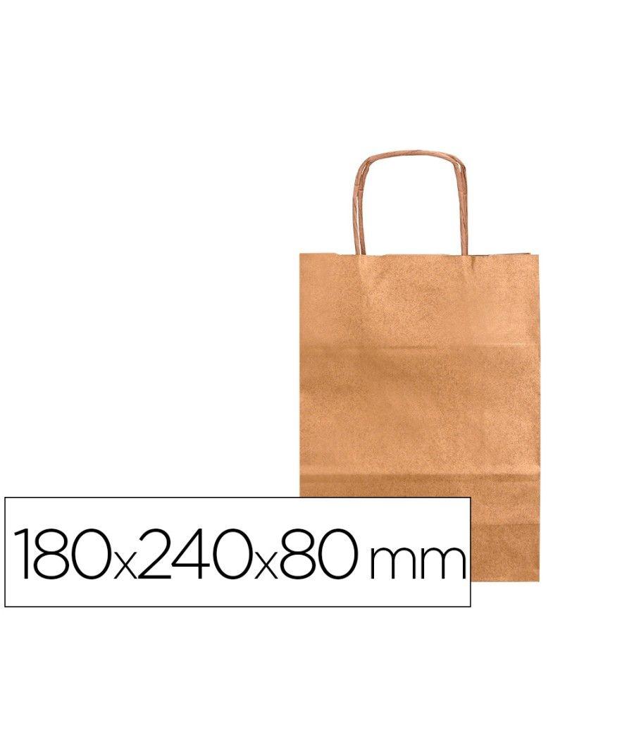 Bolsa papel q-connect kraft natural liso xs con asa retorcida 180x240x80 mm pack 25 unidades