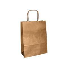 Bolsa papel q-connect kraft natural liso xs con asa retorcida 180x240x80 mm pack 25 unidades