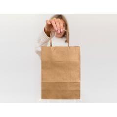 Bolsa papel q-connect kraft natural liso xs con asa retorcida 180x240x80 mm pack 25 unidades