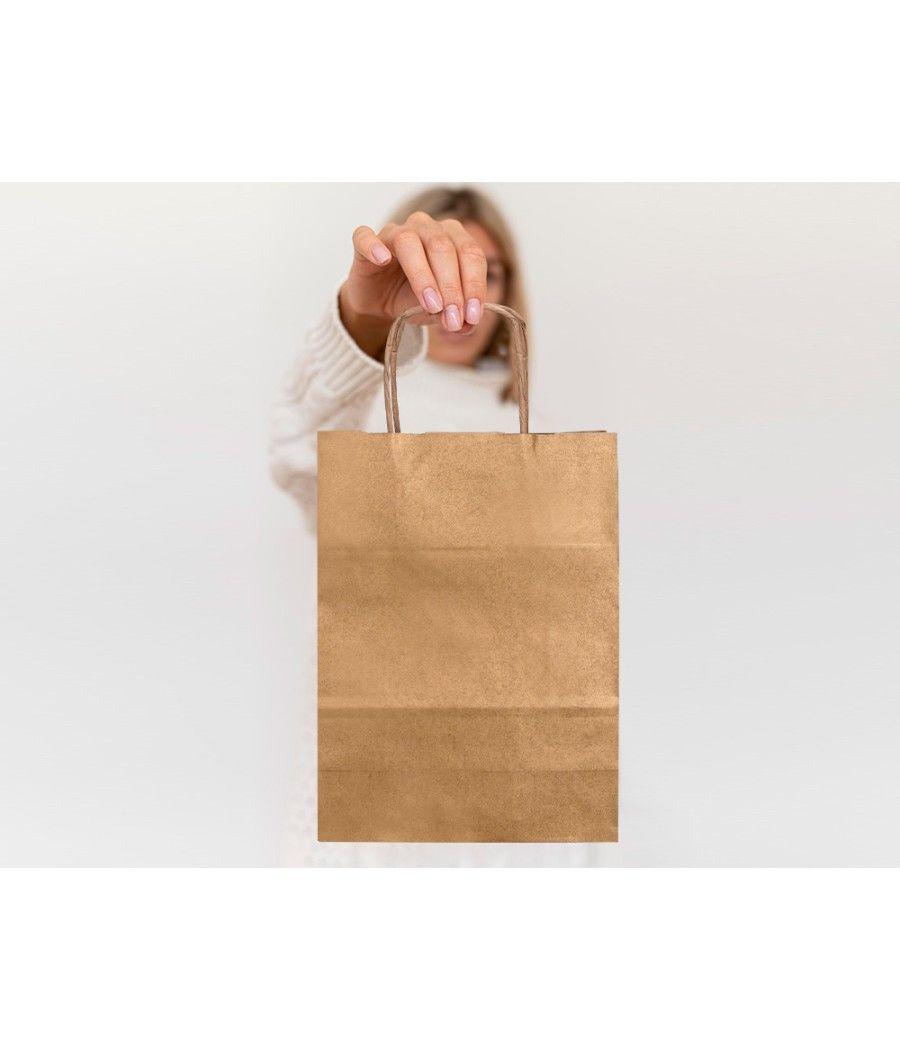 Bolsa papel q-connect kraft natural liso xs con asa retorcida 180x240x80 mm pack 25 unidades