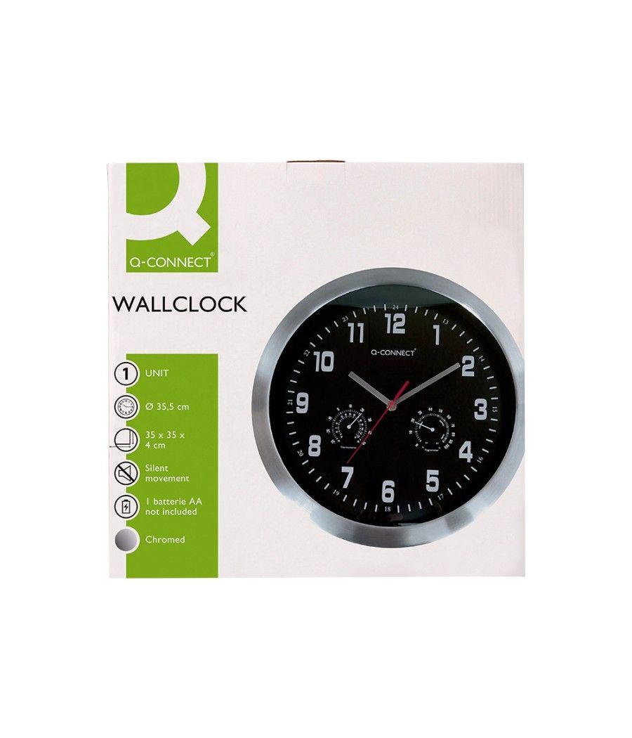 Reloj q-connect de pared metélico redondo 35,5 cm movimiento silencioso color cromado con esfera negra