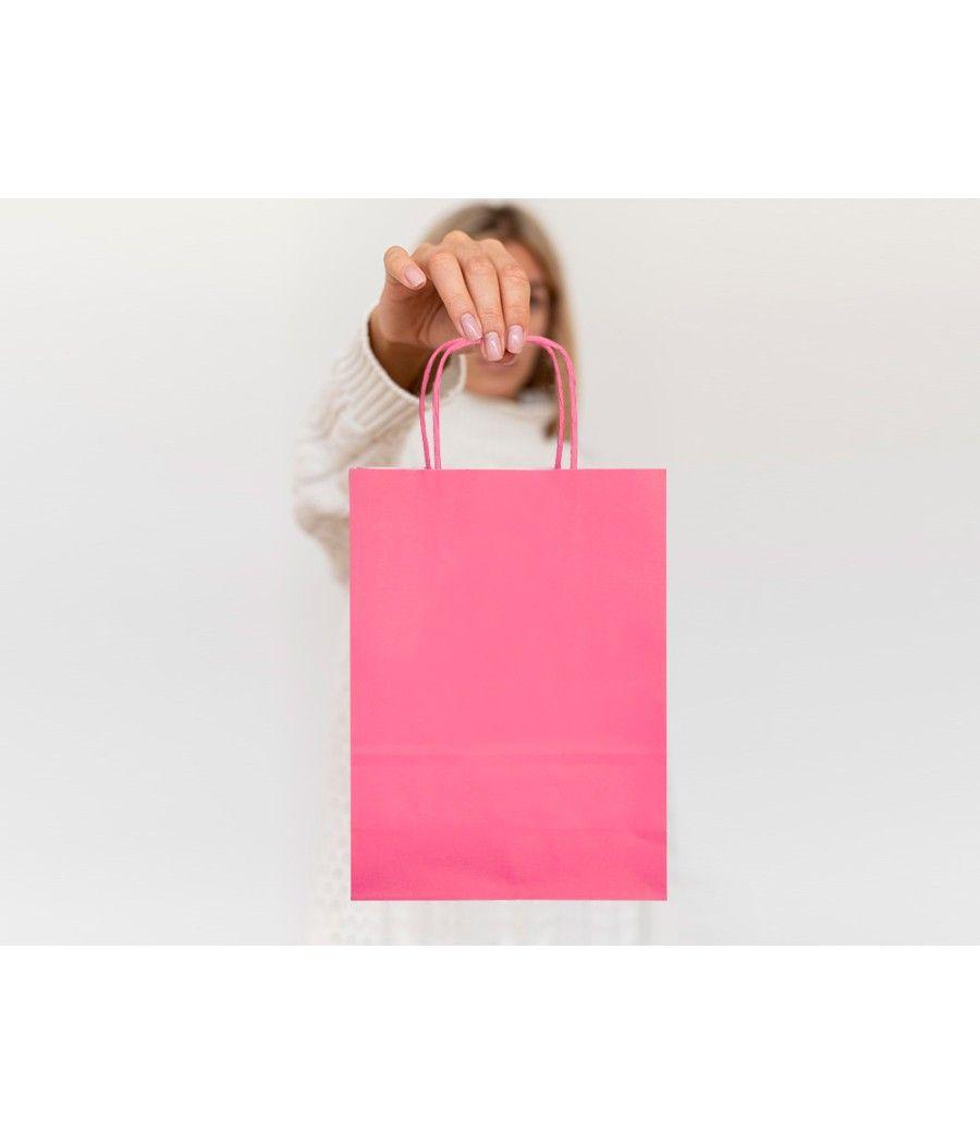 Bolsa papel q-connect celulosa rosa xs con asa retorcida 180x240x80 mm pack 25 unidades