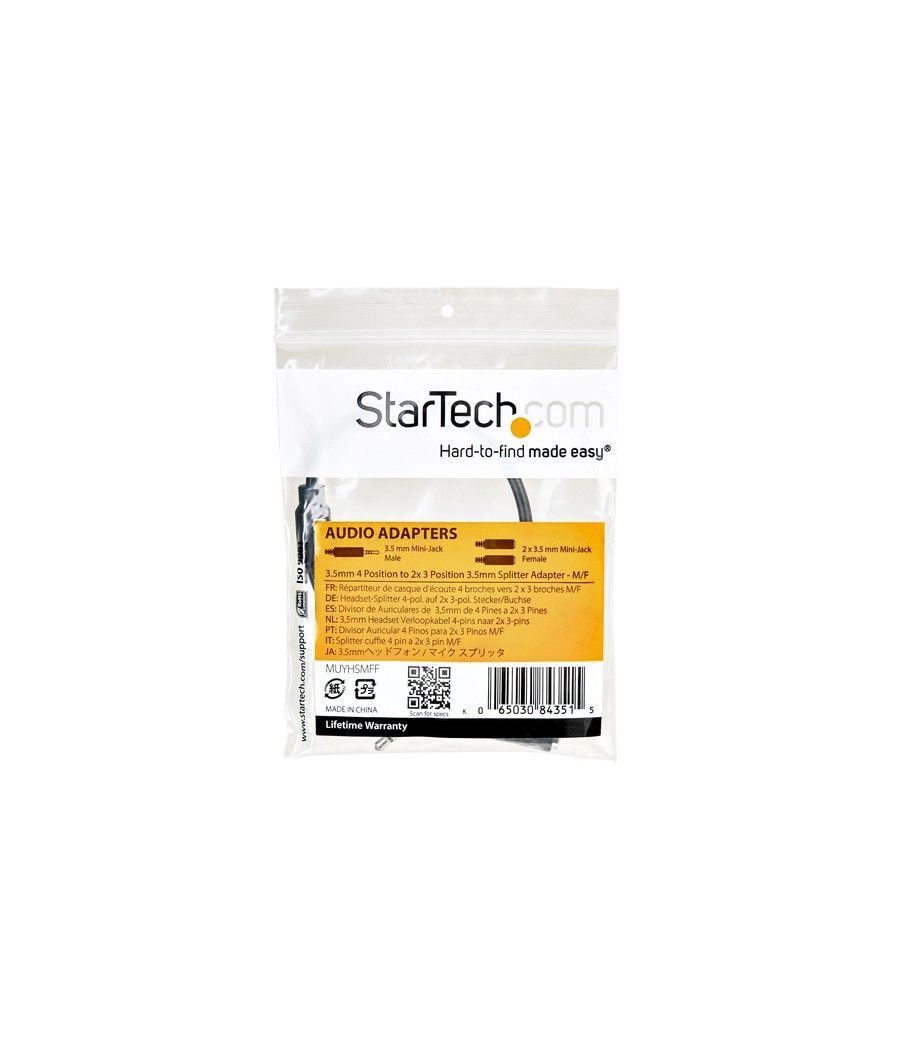 StarTech.com Adaptador de Auriculares con Micrófono Mini-Jack 3,5mm 4 pines a Conectores Separados de Auriculares y de Micrófono