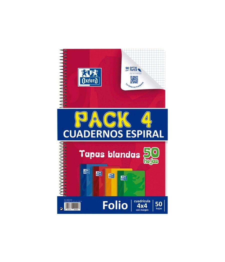 Bloc espiral oxford tapa flexible optik paper folio 50 hojas 90 gr cuadros 4 mm pack de 4