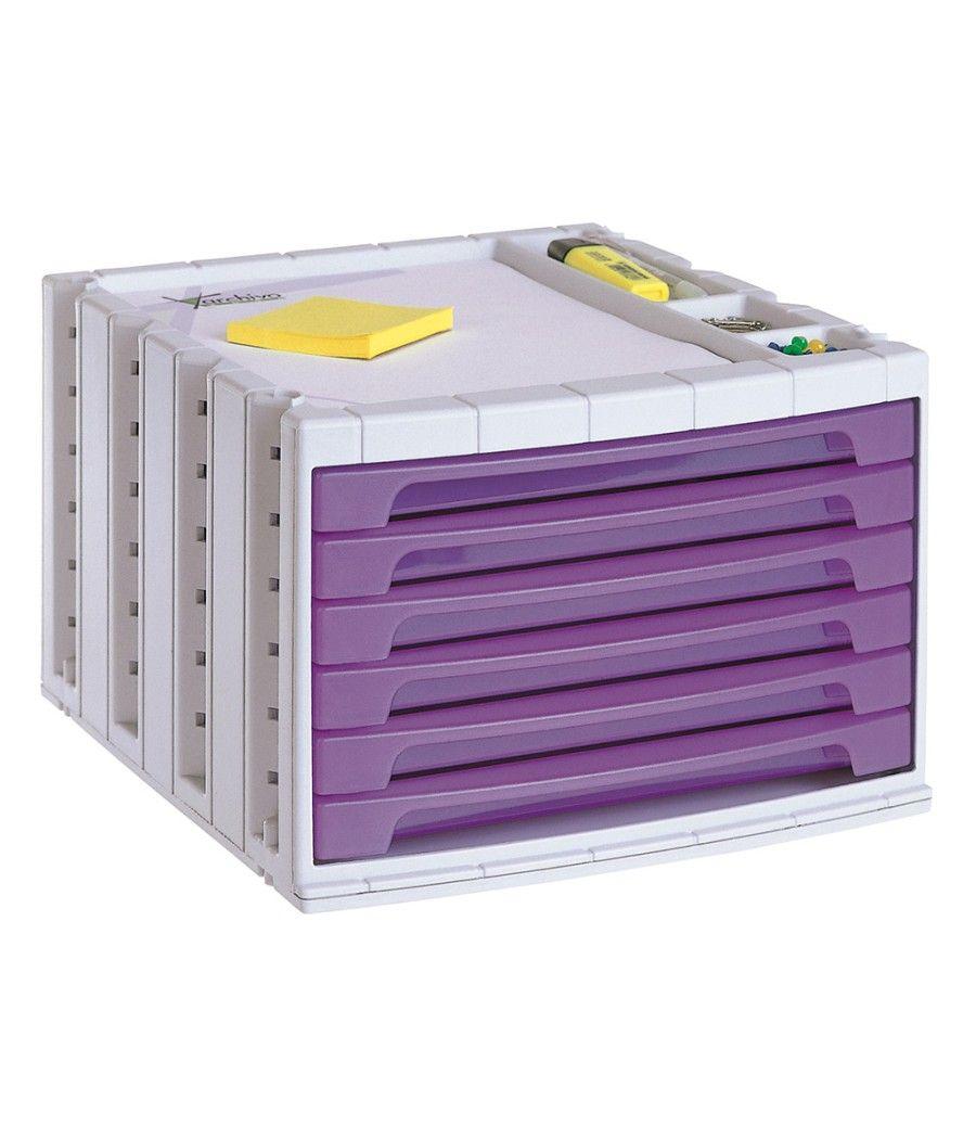 Fichero cajones de sobremesa q-connect 305x370x215 mm bandeja organizadora superior 6 cajones violeta translucido