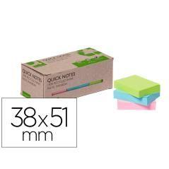 Bloc de notas adhesivas quita y pon q-connect 38x51 mm 100% papel reciclado colores pasteles en caja de cartón pack 12 unidades